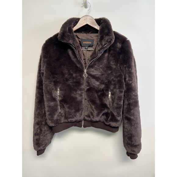 Faux Fur Brown Coat Y2K Style Retro Large Bomber Zip Up Soft Glam Old Hollywood - Picture 6 of 11